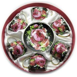 Porcelain service (170ml)(6HPC2015-2) 6 cups + 6 saucers "Roses on a black background" (h-7cm, d-7.5cm)