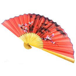 Веер бамбук с тканью "Сакура и бамбук на красном фоне" (50см)