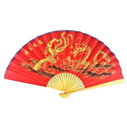 Веер бамбук с тканью "Дракон и Феникс на красном фоне" (50см)