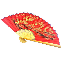 Веер бамбук с тканью "Дракон и Феникс на красном фоне" (50см)