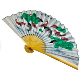 Веер бамбук с тканью "Рыбки на серо-голубом фоне" (50см)