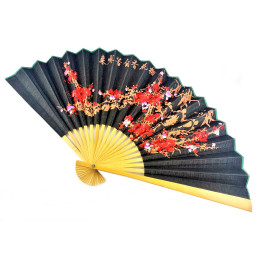 Веер бамбук с тканью "Сакура на черном фоне" (50см)