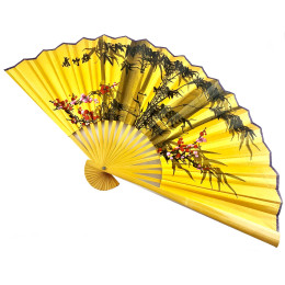 Bamboo fan with fabric "Bamboo on a yellow background" (50cm)