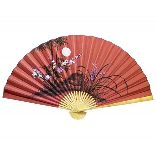 Веер настенный "Сакура с бамбуком на красном фоне" ткань (90 см)
