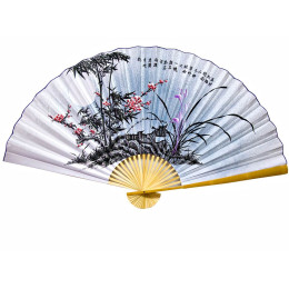 Настінний віяло "Сакура з бамбуком на блакитному тлі з ієрогліфами" шовк (90см)