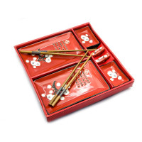 Service for sushi "Red with sakura flowers" (2 persons) (28x28.3x3.5 cm)