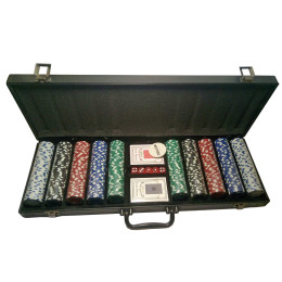 Набір покеру в чорному алюмінієвому кейсі (2 колоди +500 фішок) (56х22х7см) (вага фішки 4 гр. d-39 мм)