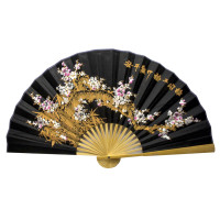 Веер бамбук с шелком" Сакура на черном фоне"