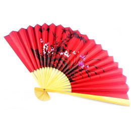 Віяло бамбук з шовком "Сакура з бамбуком на червоному тлі"