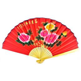 Bamboo fan with silk "Peonies on a red background"
