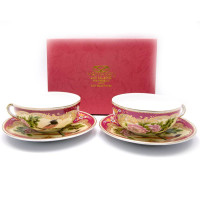 Porcelain service (150 ml) (2SBS1076) 2 cups + 2 saucers "Flowers with a bird" (h-4.5 cm., d-9.5 cm.)