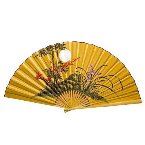 Веер настенный "Сакура с бамбуком и луной на желтом фоне" (90 см)