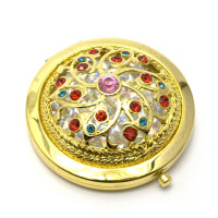 Зеркальце косметическое "Узор с камнями" золото (d-7 см) (в коробке + чехольчик)