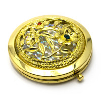 Зеркальце коcmетическое "Узор с камнями" золото (d-7 cm) (в коробке + чехольчик)