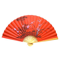 Веер настенный "Бамбук с сакурой на красном фоне" шелк (90см в развороте 156х90 см)