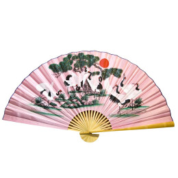 Веер настенный "8 журавлей на розовом фоне" шелк (90см в развороте 156х90 см)