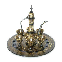 Bronze black service (tray, 6 glasses 35ml., jug) (h-5.5 cm tray d-25 cm)