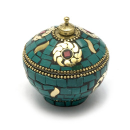 Шкатулка бронзовая с кораллами и бирюзой (d-5 cm h-6 cm)