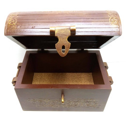 Brown chest, locks and handles made of wood, decorated with lace, solid wood (34x22x26 cm)