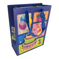 Blue cardboard gift bag with "Happy Birthday" applique (18x23x8 cm)