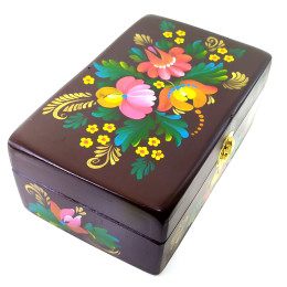 Шкатулка "Коричневая с букетом " из массива дерева ,ручная роспись (20,5×12,5×8 см)