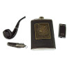 Flask with a pipe, a knife and a lighter in a gift box (24x17.5x4 cm)A