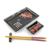 Service for sushi "Red sakura on a black background" (28x14 cm) (1 person)