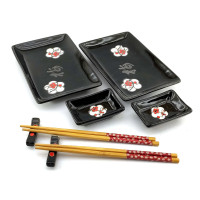 Service for sushi "Sakura flowers with a hieroglyph on a black background" (2 persons) (28x28.3x3.5 cm)