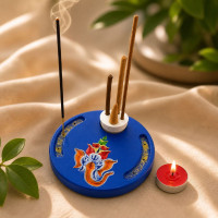Stand for incense blue "Ganesha", (d14cmh1.8cm) wood, carved, enameled and varnished.