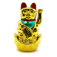 Maneki-neko cat waving its paw on a wealth bowl (18x11x7 cm)