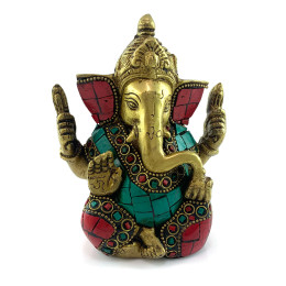 Ganesha bronze turquoise, coral (12.3x9.8x5.3 cm)