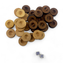 Backgammon chips (length 28mm, height 10mm) made of wood, cubes included, natural wood and brown color.