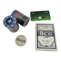 Poker set: 40 chips, a deck of BCG cards, and a dealer token, in a blister pack.