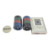 Poker set: 40 chips, a deck of BCG cards, and a dealer token, in a blister pack.