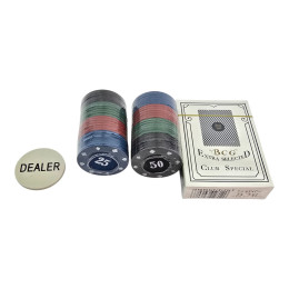 Poker set: 40 chips, a deck of BCG cards, and a dealer token, in a blister pack.