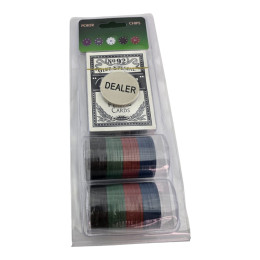 Poker set: 40 chips, a deck of BCG cards, and a dealer token, in a blister pack.