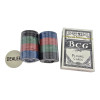 Poker set: 40 chips, a deck of BCG cards, and a dealer token, in a blister pack.