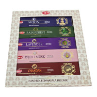 HEM Masala Incense Set: 5 Aromas of 15g each: Moon Rain Forest Lavender White Musk Chandan