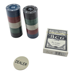 Poker set (deck of cards, 80 chips, dealer token) (chip d-3.8 cm)