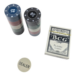 Poker set (deck of cards, 80 chips, dealer token) (chip d-3.8 cm)