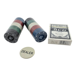 Poker set (deck of cards, 80 chips, dealer token) (chip d-3.8 cm)
