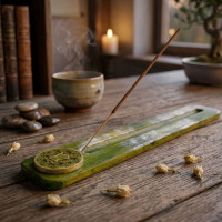 Incense stand, green "Anahata" (26x4x0.7 cm), hand-painted, solid wood.
