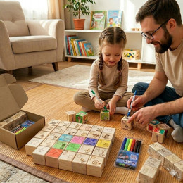 Wooden coloring cubes "Living Alphabet" (4x4 cm), (16 pcs. + markers).