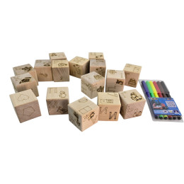 Wooden coloring cubes "Living Alphabet" (4x4 cm), (16 pcs. + markers).