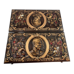 Carved backgammon set "Cossack entertainment," made of solid wood (56 x 27.5 x 5 cm). Hand-painted.