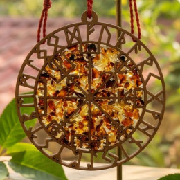 Amber stained glass pendant "Runic stave "Vegvisir" (13.5 x 14.5 x 0.7 cm)
