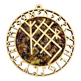 Amber stained glass pendant "Runic stave "For trade" (13.5 x 14.5 x 0.7 cm)