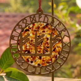 Amber stained glass pendant "Runic stave "Triple Fehu" (13.5 x 14.5 x 0.7 cm)