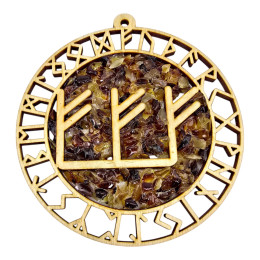 Amber stained glass pendant "Runic stave "Triple Fehu" (13.5 x 14.5 x 0.7 cm)
