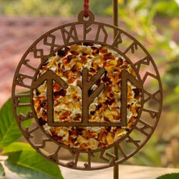 Amber stained glass pendant "Runic stave "Success in business" (13.5 x 14.5 x 0.7 cm)